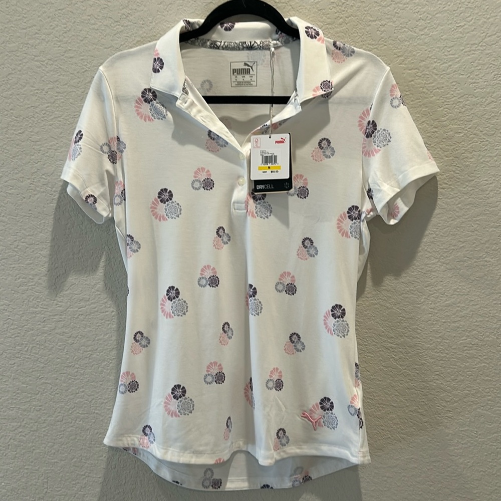 NWT! Puma, white and flower print golf shirt. Size M.